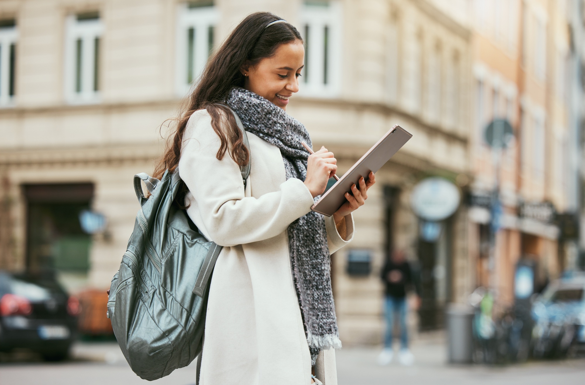 Marketing, digital writing and tablet blog woman travel journalist working on street for city story