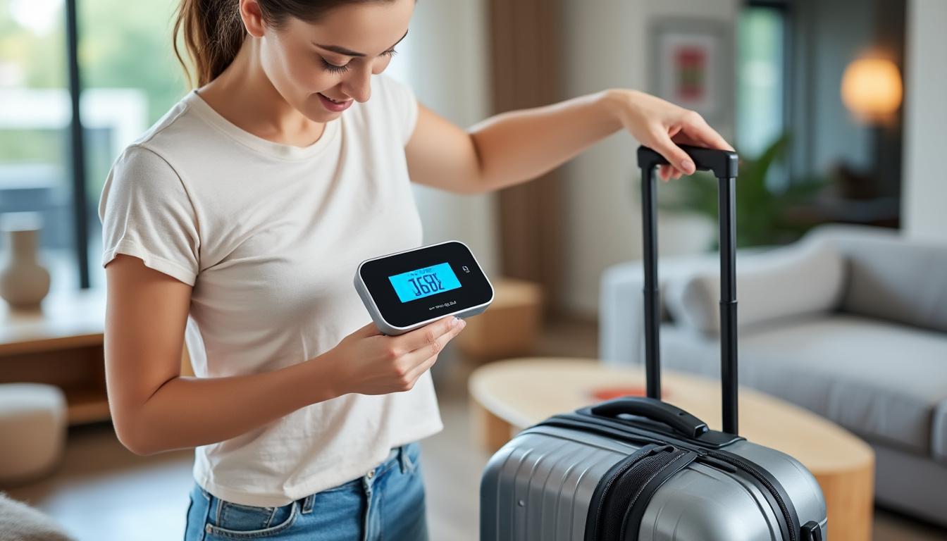 découvrez notre pèse-bagage électronique, l'outil indispensable pour voyager sereinement ! évitez les frais de surpoids et gérez vos bagages en toute simplicité grâce à sa précision et sa légèreté. assurez-vous que vos valises respectent les limites de poids de votre compagnie aérienne et partez l'esprit tranquille.