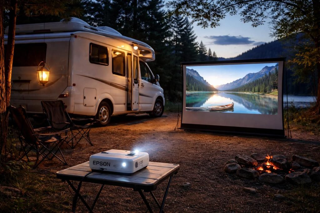 découvrez le mini vidéoprojecteur epson idéal pour votre camping-car, offrant une expérience écran géant sans besoin de tv. compact et performant, parfait pour vos voyages.