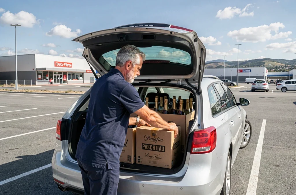 Homme chargeant des bouteilles de vin et cava espagnol dans le coffre de sa voiture dans un parking de magasin duty-free près de la frontière