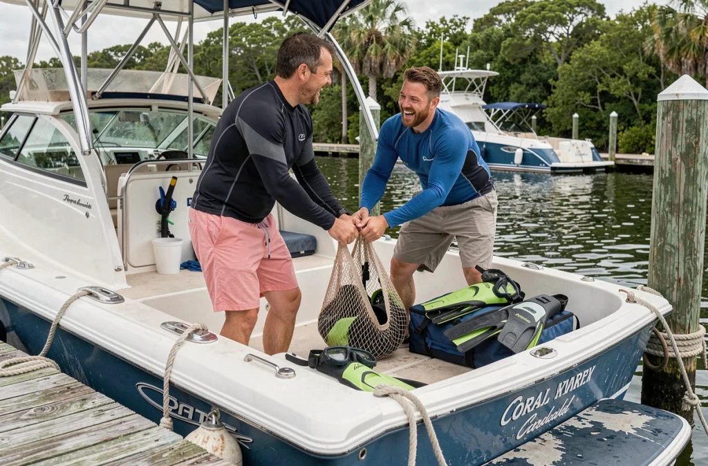 Deux amis préparant leur équipement de plongée en apnée sur le ponton privé du Coral Lagoon Resort à Marathon en Floride
