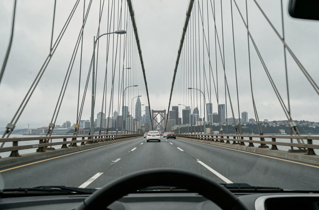Vue depuis la voiture sur le Bay Bridge en arrivant à San Francisco après le long trajet depuis Los Angeles en Californie