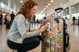 Femme collant un autocollant humoristique sur sa valise dans un terminal d'aéroport moderne