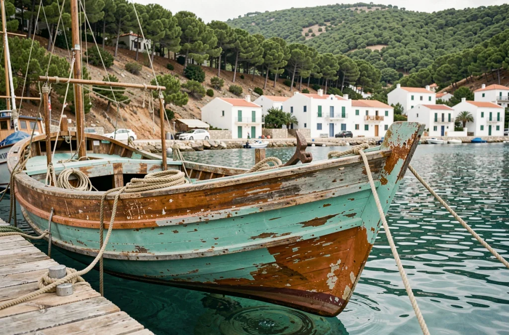 Vieux bateau de pêche en bois amarré dans le port pittoresque de Skopelos avec maisons blanches et collines boisées en arrière-plan