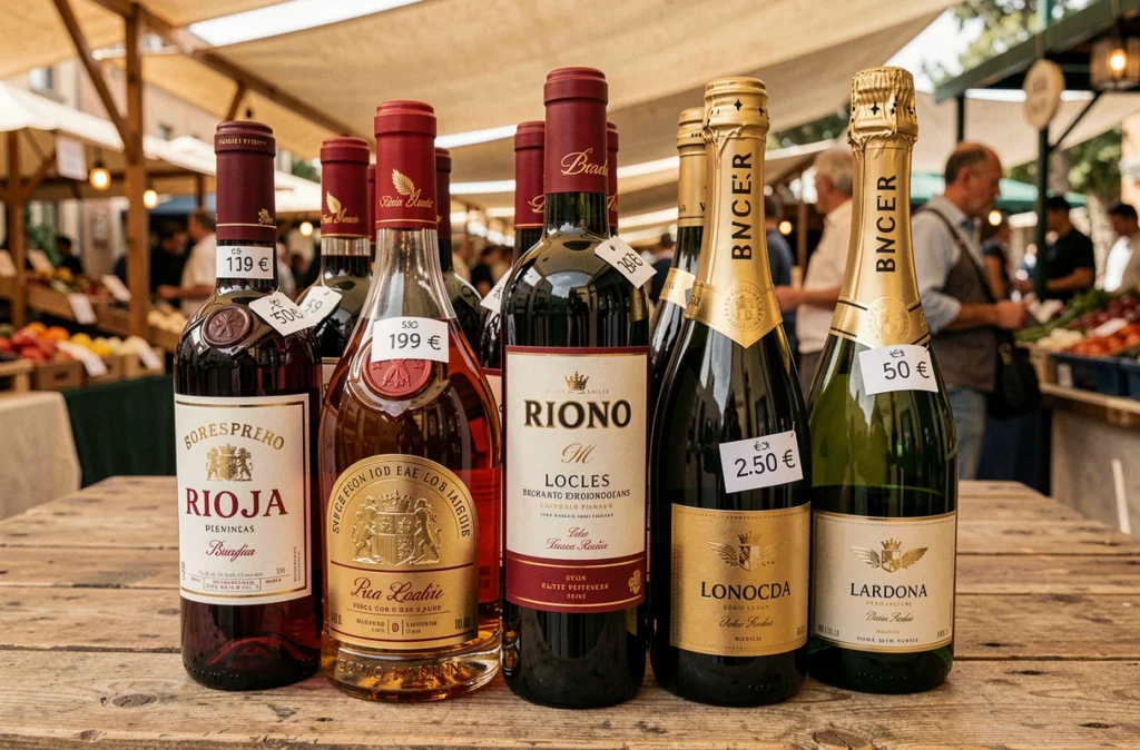 Bouteilles de vin Rioja, brandy et cava espagnol avec étiquettes de prix en euros sur un étal de marché frontalier entre l'Espagne et la France