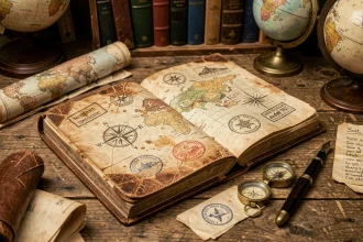 Carnet d'explorateur ouvert avec cartes dessinées à la main, boussole en laiton et notes de voyage sur une table en bois rustique