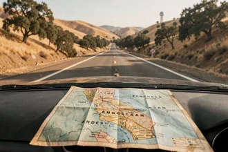 Carte routière de Californie posée sur le tableau de bord d'une voiture sur l'autoroute entre Los Angeles et San Francisco