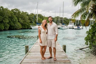 Couple souriant sur un ponton en bois au Coral Lagoon Resort à Marathon dans les Florida Keys, entouré d'eau turquoise et de voiliers amarrés