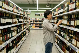 Femme faisant ses courses d'alcool dans un supermarché espagnol près de la frontière française avec des bouteilles de vin et spiritueux en rayon
