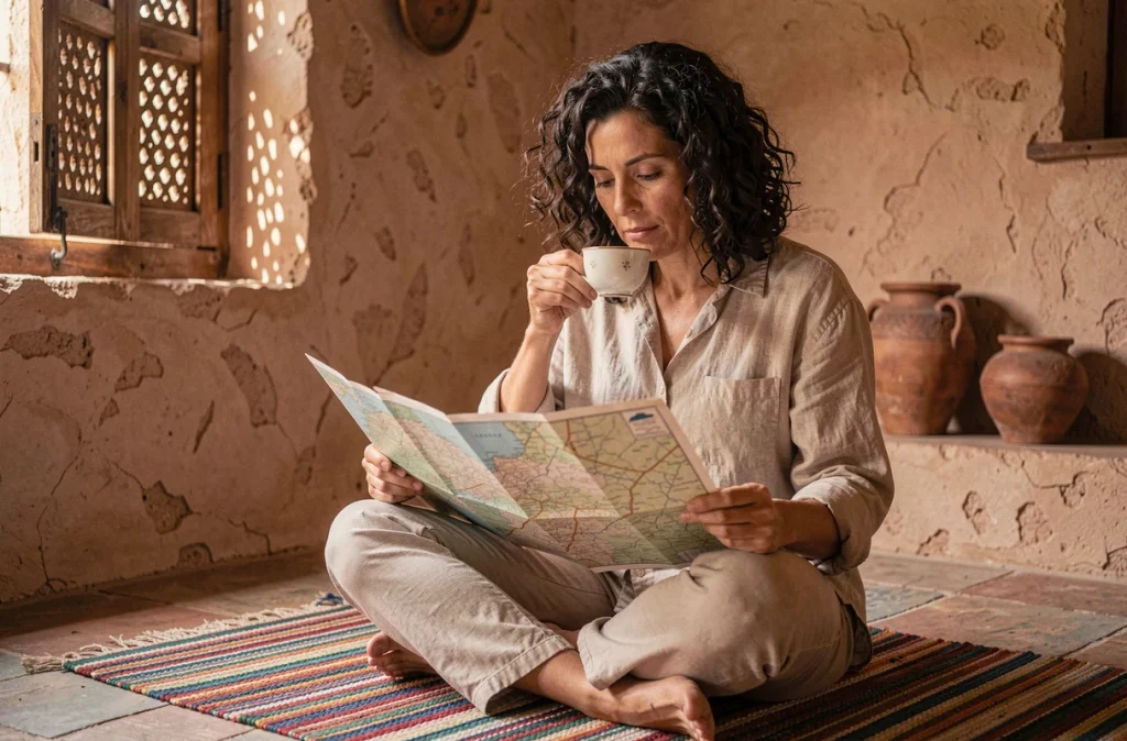 Femme exploratrice consultant une carte papier dépliée dans un gîte traditionnel en pierre aux murs texturés