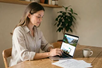 Femme consultant un devis de vacances en ligne sur son ordinateur portable à la maison