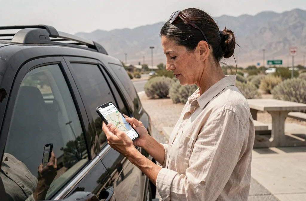 Femme consultant une application de navigation GPS pour le trajet Los Angeles San Francisco depuis une aire de repos californienne