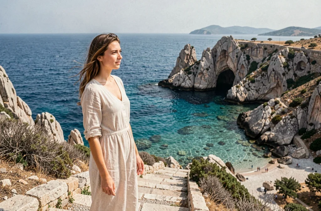 Femme regardant une crique turquoise depuis un sentier côtier rocheux sur l'île de Skopelos, mer Égée en arrière-plan