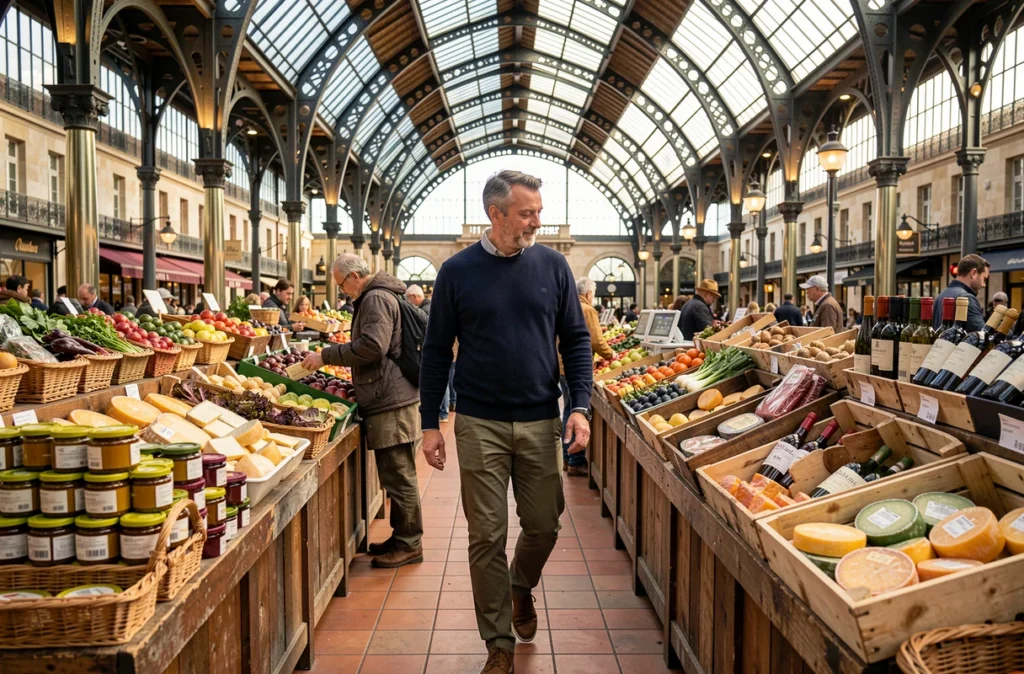 Homme se promenant au marché des Halles de Dijon parmi les étals de produits locaux bourguignons