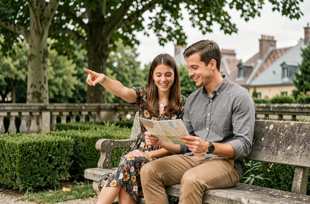 Couple de touristes consultant une carte dans le Jardin Darcy de Dijon entouré de verdure