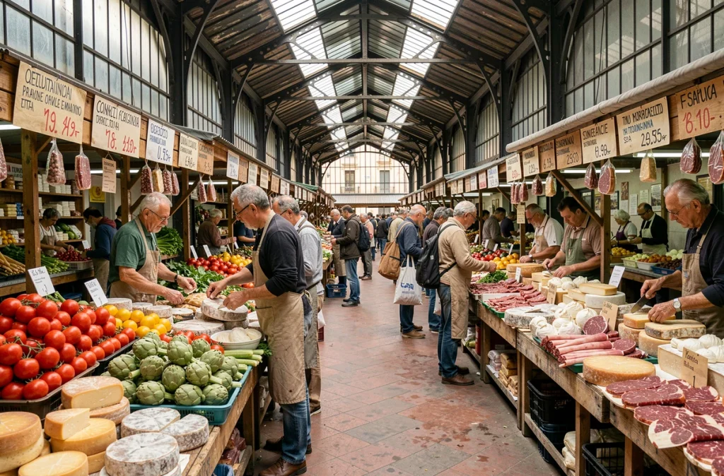 Marché local animé du quartier Testaccio à Rome avec des vendeurs italiens et des produits frais typiques