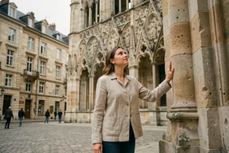 Femme admirant la façade gothique du Palais des Ducs de Dijon sur une place pavée