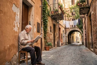 Vieil homme romain lisant un journal dans une ruelle pavée authentique de Trastevere, loin des circuits touristiques