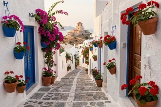 Ruelle pavée et maisons blanches traditionnelles du village de Skopelos en Grèce, avec bougainvilliers et portes en bois colorées