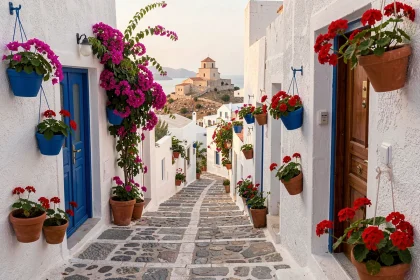 Ruelle pavée et maisons blanches traditionnelles du village de Skopelos en Grèce, avec bougainvilliers et portes en bois colorées
