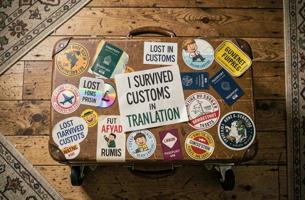 Valise vintage couverte d'autocollants humoristiques de voyage photographiée en vue du dessus