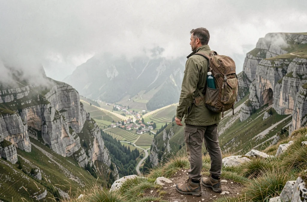 Voyageur solitaire en veste de terrain observant une vallée brumeuse inconnue depuis un col de montagne escarpé
