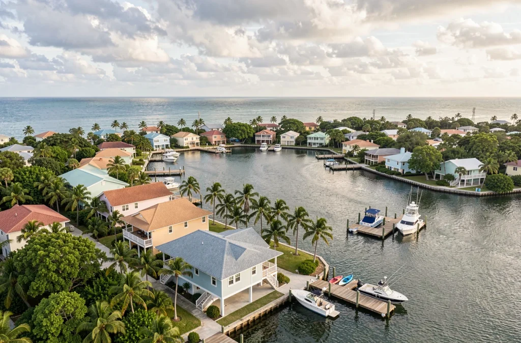 Vue aérienne du Coral Lagoon Resort à Marathon montrant le marina, les cottages colorés et les eaux calmes des Florida Keys