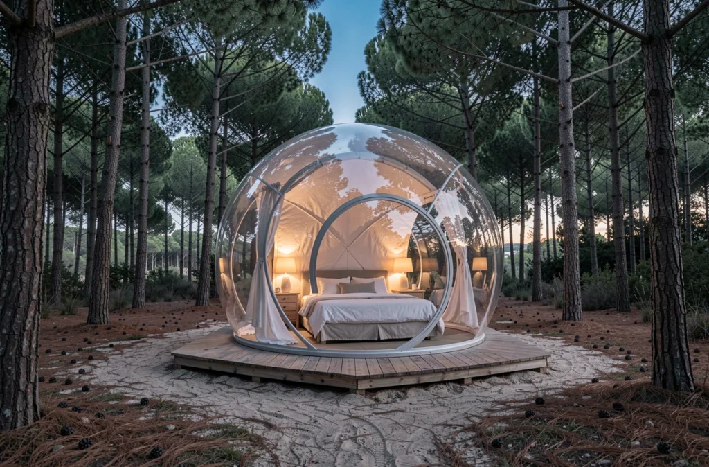 Attrap'Rêves bulle transparente dans la forêt de pins près d'Aix-en-Provence avec intérieur cosy visible et ciel étoilé reflété sur la surface