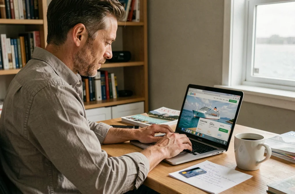 Un homme calcule le budget d'une croisière sur son ordinateur portable depuis son bureau à domicile