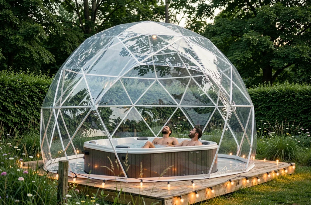 Bulle transparente avec spa extérieur installée dans une clairière du Maine-et-Loire
