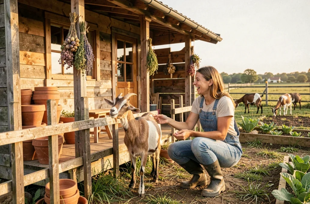 Cabane insolite sur une ferme de chèvres en Loire-Atlantique avec visiteur nourrissant les animaux