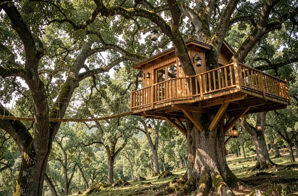 Cabanes de Fontfroide, cabane perchée dans les chênes anciens avec passerelle en corde et balcon surplombant une vallée forestière en Provence