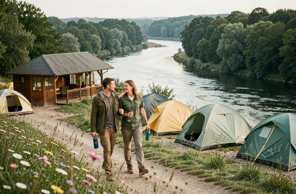 Couple se promenant le long de la Moselle au Camping Les Boucles de la Moselle à Liverdun