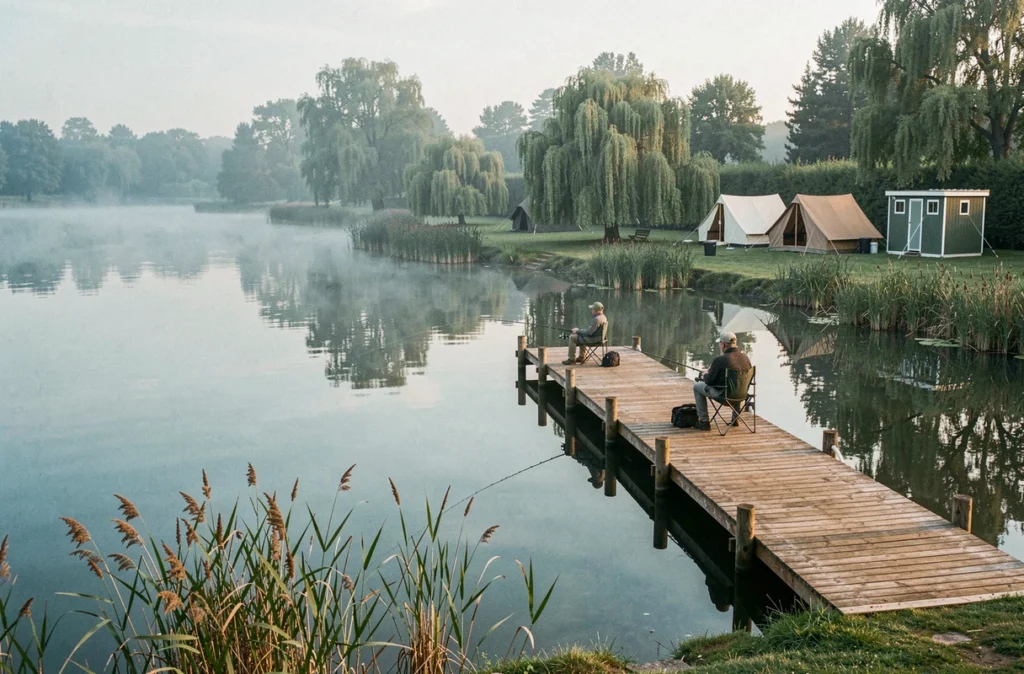 Pêcheurs sur le ponton de l'étang au Camping de l'Étang de la Reine à Dombasle-sur-Meurthe