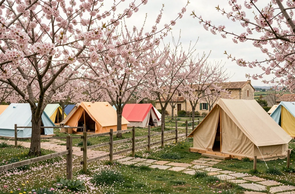 Camping La Cerise en Provence, tentes glamping et structures en bois sous les cerisiers en fleurs dans un verger