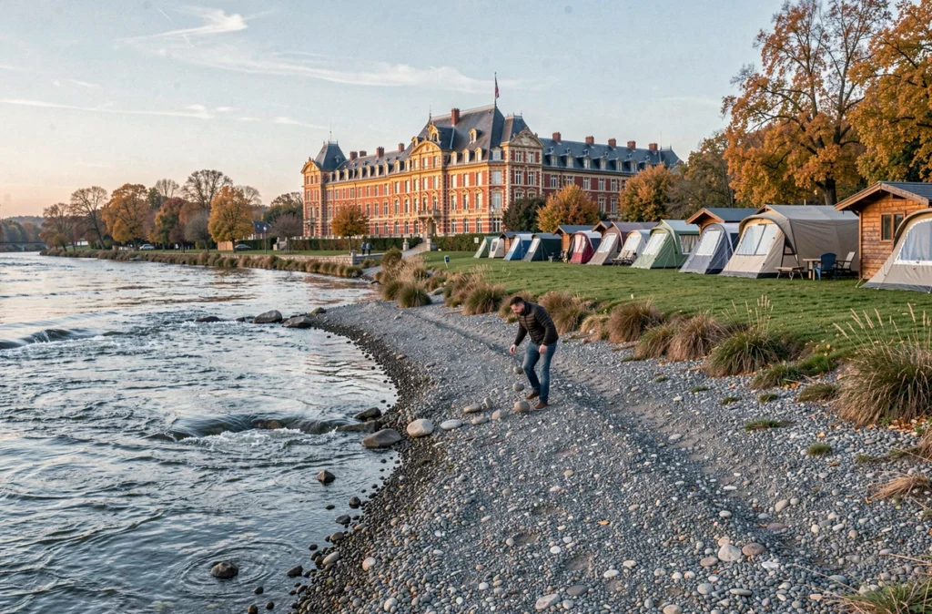 Campeur au bord de la Meurthe au Camping Le Pâquis à Baccarat avec la cristallerie en fond
