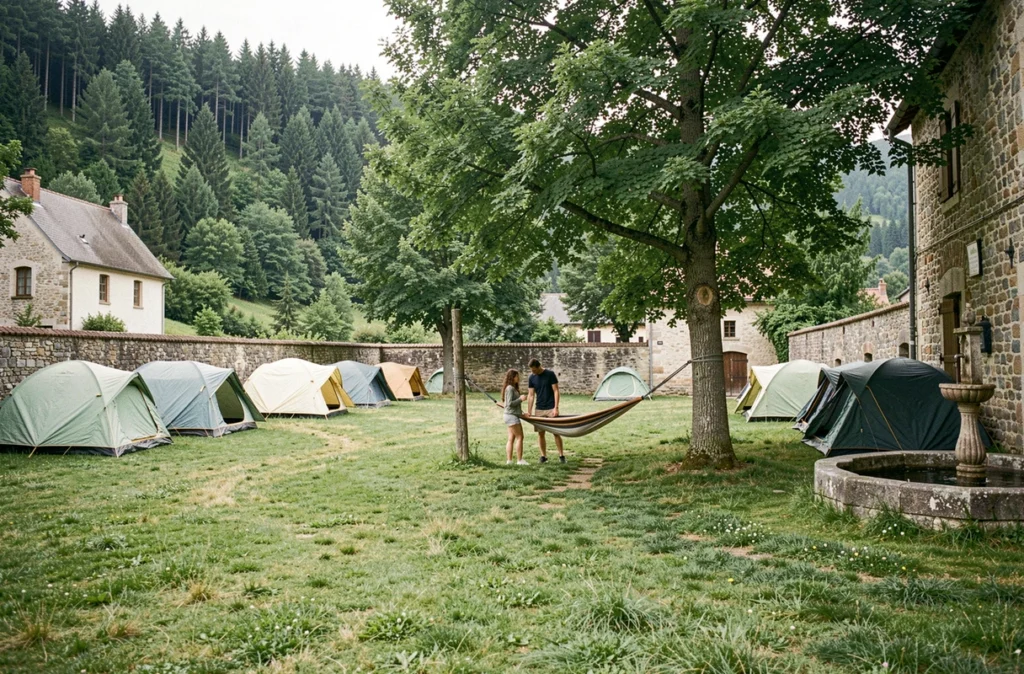 Camping municipal de Badonviller dans les contreforts des Vosges avec forêt de pins en toile de fond