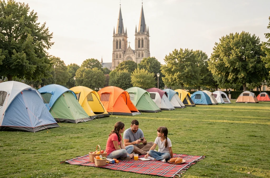Terrain du camping municipal de Toul avec la cathédrale Saint-Étienne visible en arrière-plan