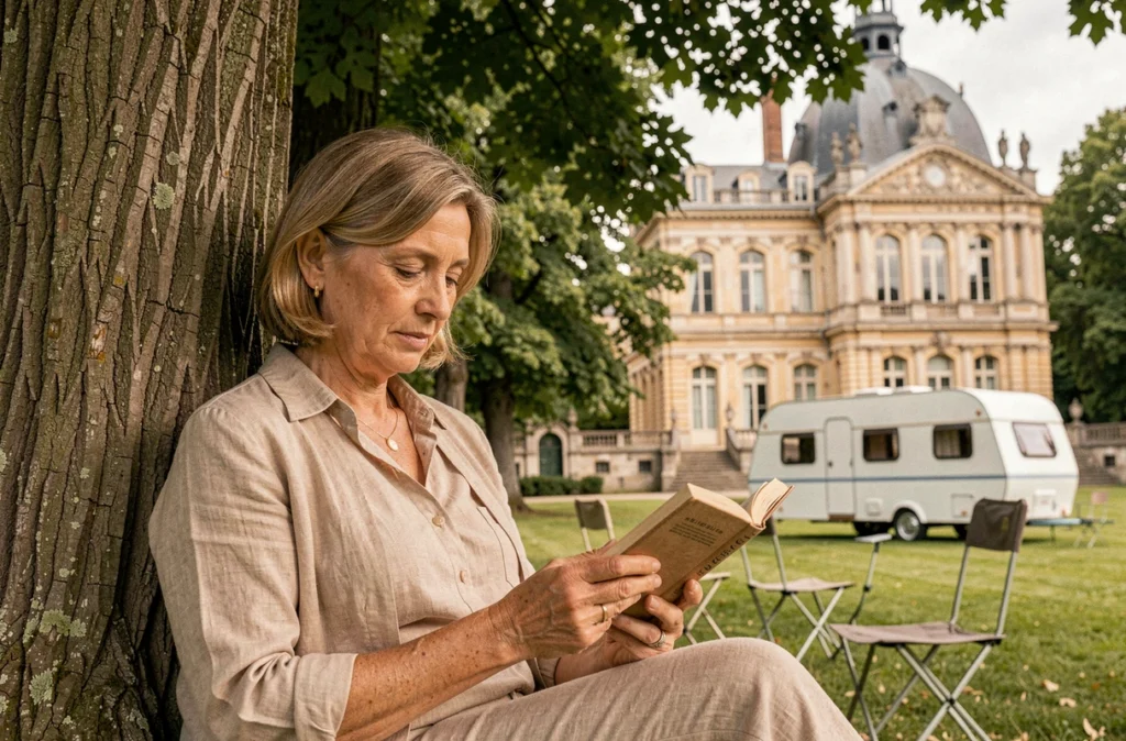Femme lisant sous un arbre au Camping de la Pelouse à Lunéville avec le château en arrière-plan