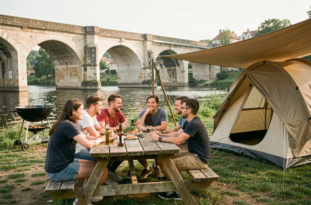 Groupe d'amis au Camping Les Trois Fontaines à Pont-à-Mousson avec le pont historique en fond