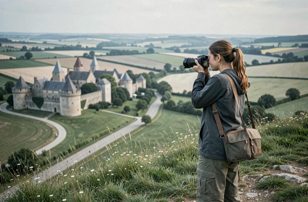 Jeune femme admirant le village fortifié de Villey-le-Sec depuis le camping en hauteur