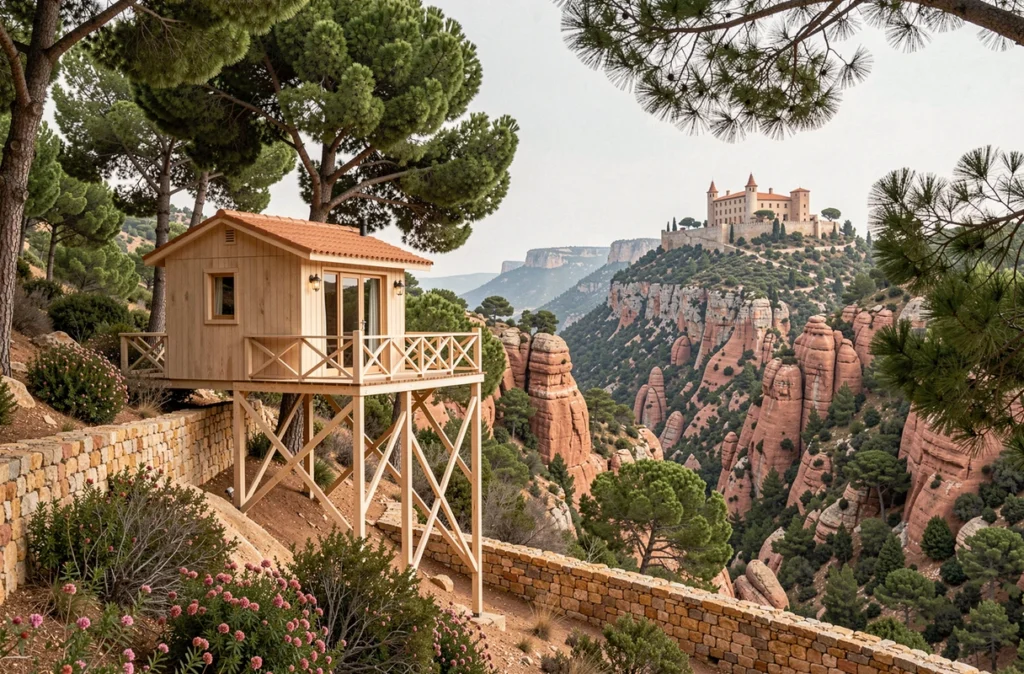 Château de la Chèvre d'Or cabanes perchées, cabin en bois sur pilotis parmi les pins avec vue sur vallée rocheuse et château en arrière-plan en Provence