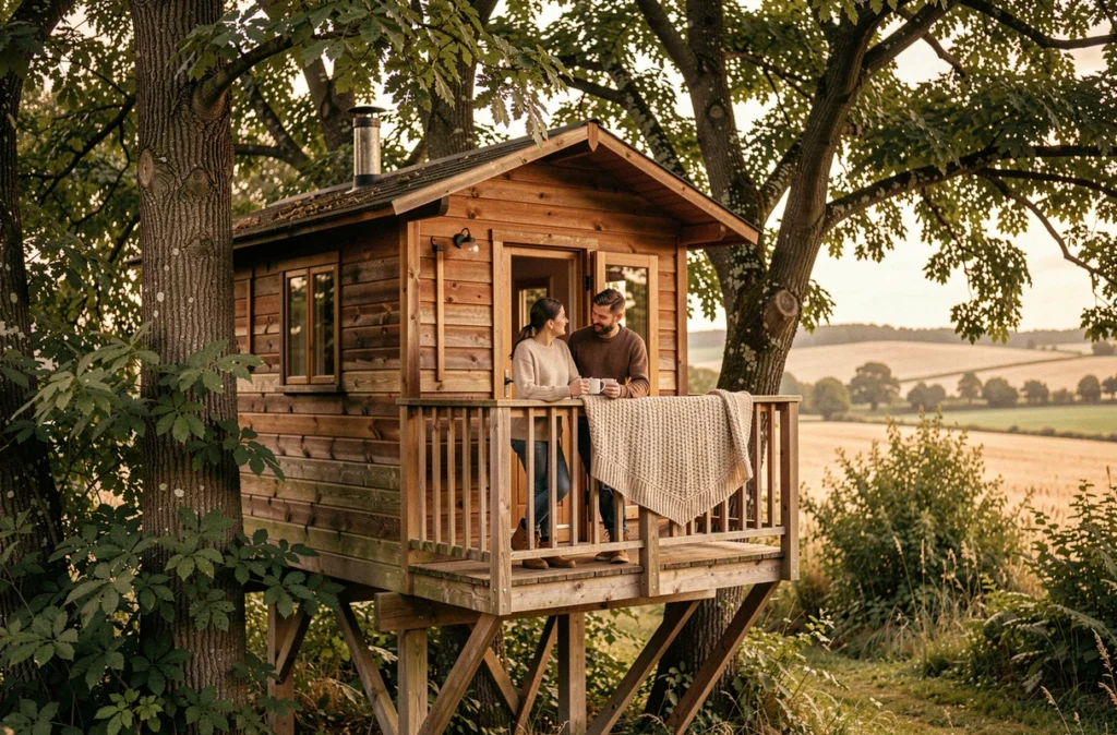 Cabane cocooning en bois perchée dans les arbres de la Mayenne avec couple sur la terrasse