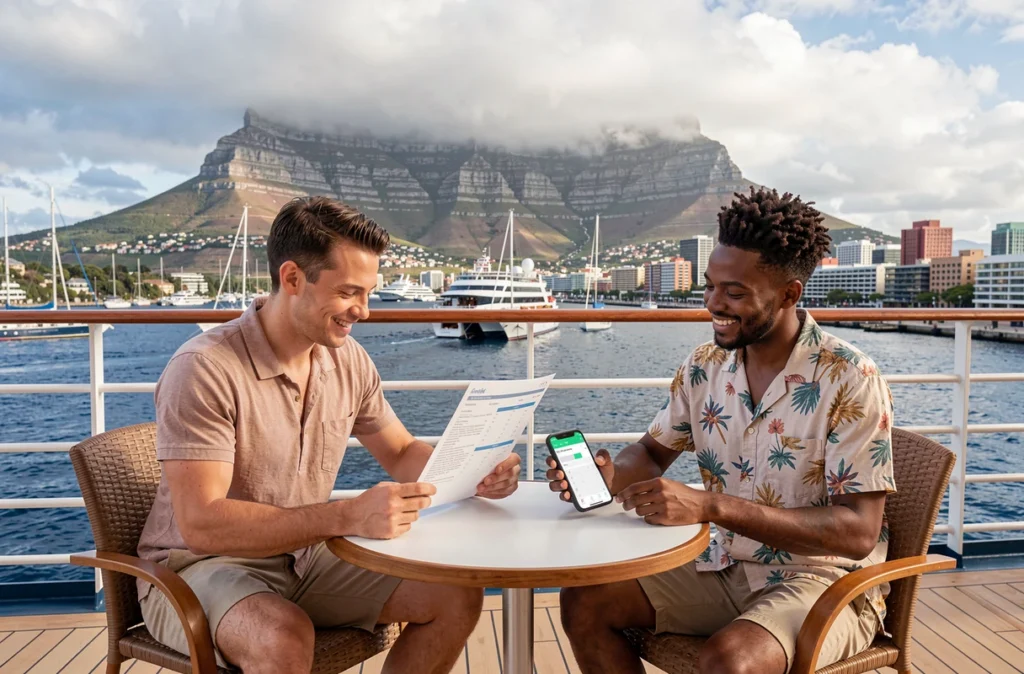 Couple planifiant le budget d'une croisière au Cap avec Table Mountain en arrière-plan
