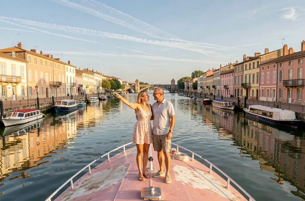 Couple à bord d'une péniche de location naviguant devant le Pont Neuf à Toulouse