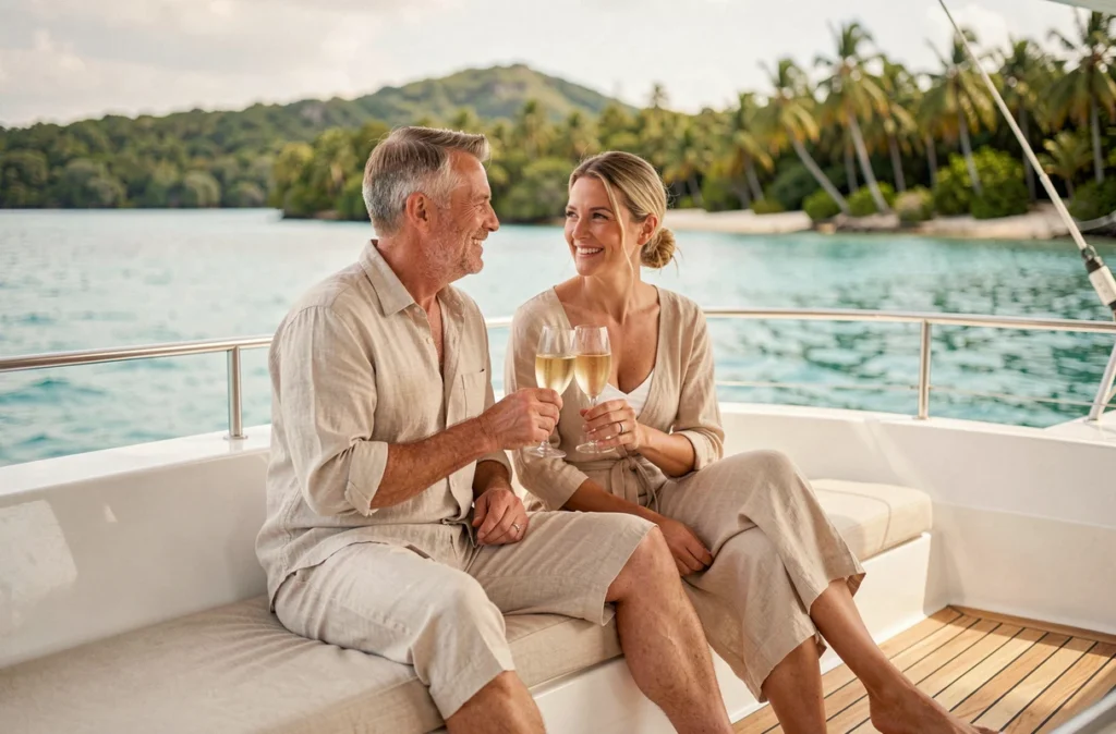 Couple élégant profitant d'un apéritif sur le pont d'un voilier de croisière haut de gamme