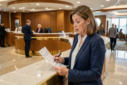 Une femme examine le prix détaillé de sa croisière à la réception d'un paquebot de luxe