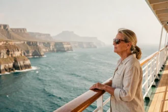 Femme sur le pont d'un bateau de croisière face aux côtes sud-africaines