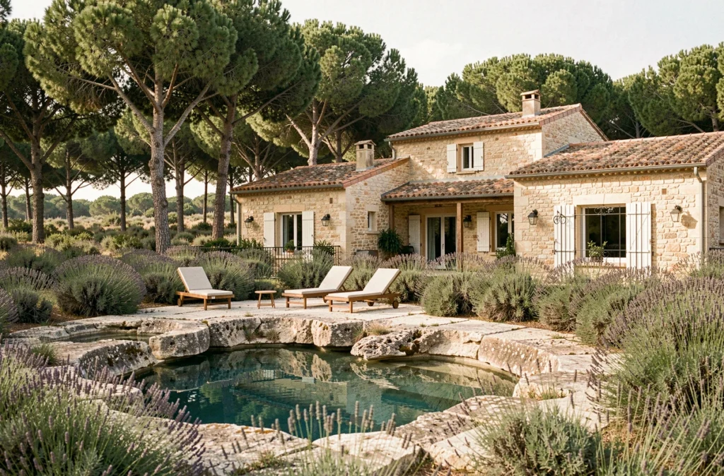Domaine de la Pierre Chaude en Provence, mas en pierre avec piscine naturelle dans le calcaire entouré de pins et de garrigue