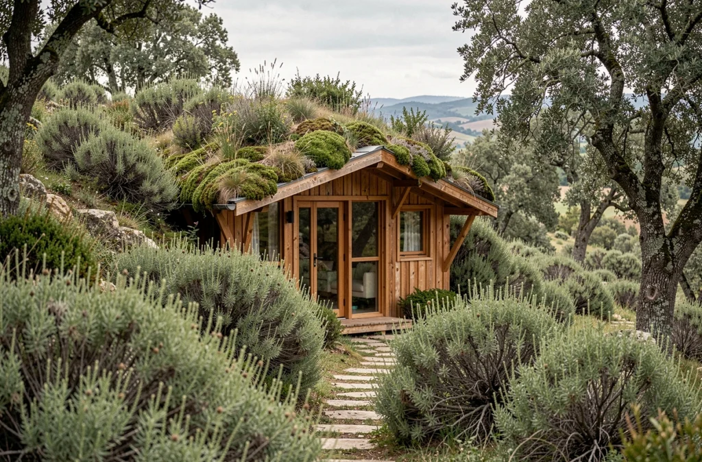 L'Empreinte hébergement insolite, cabane en bois à toit végétalisé intégrée dans la garrigue provençale